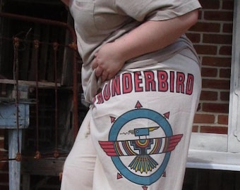 Large, Organic Cotton Feed Sack Pants:  flour sack clothing, New Mexico, southwest style thunderbird floursack pants