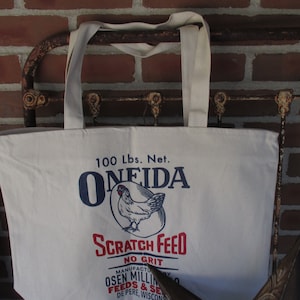 Canvas Tote Bag: Large Feed Sack Market Bag with Zipper,  Twilight Village patterns,