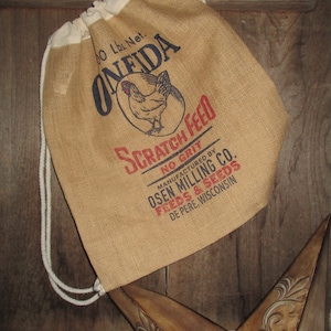Vintage Chicken Feed Sack Burlap Backpack - Farmer Market Bag