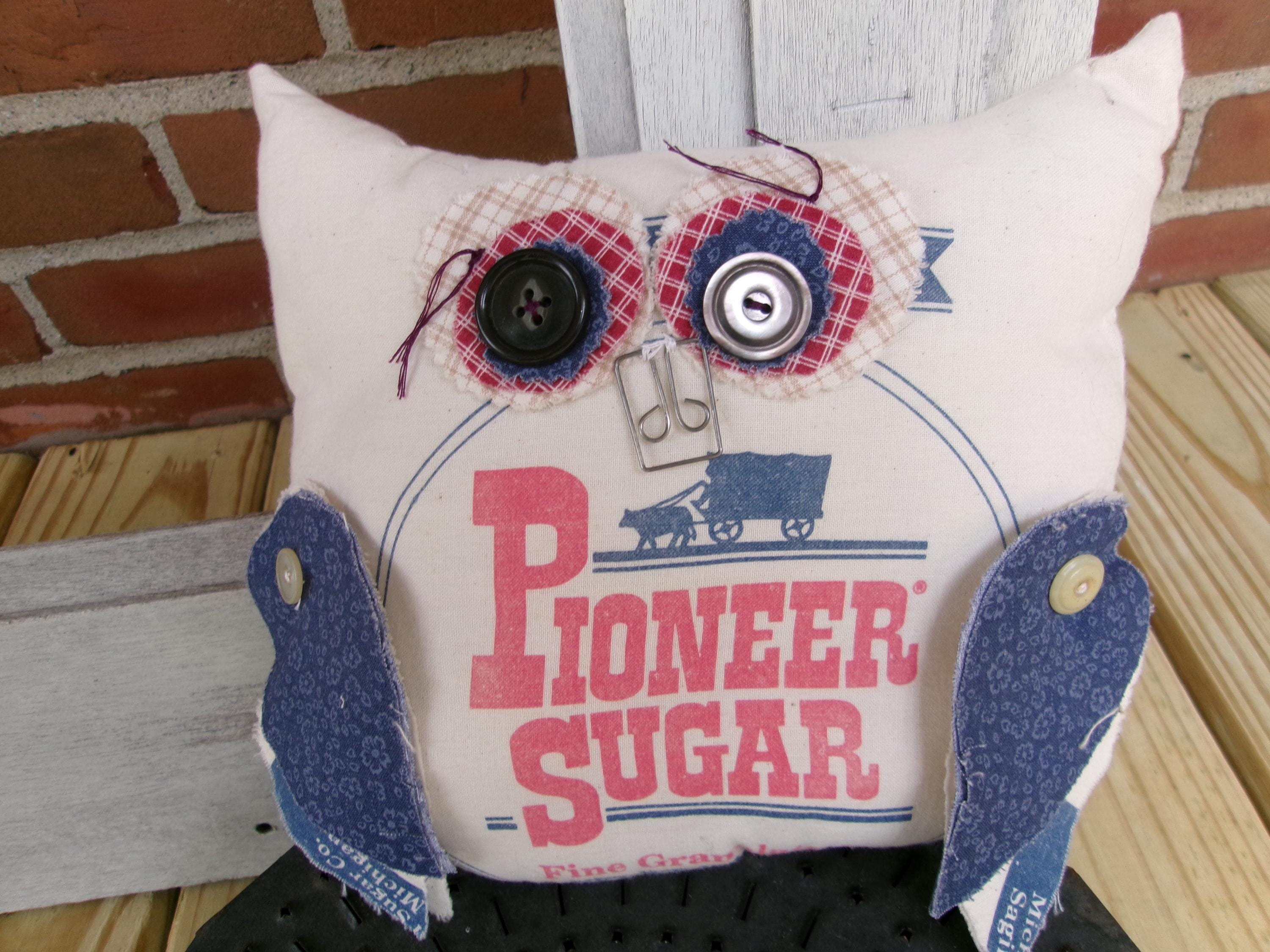 Owl,sugar sack owl, stuffed owl, sack owl, fabric owl, primitive owl, cloth owl, pillow, decorative