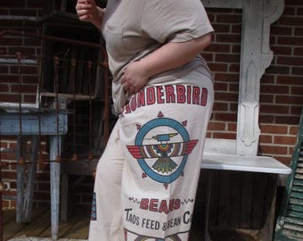 Feed Sack Pants, Size 2X, waist 41"-45", flour sack pants, 28" inseam, organic cotton, pants, summer pants, elastic waist, casual pants