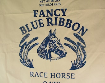 Canvas fabric, Vintage Horse Feed Sack Fabric, Blue Ribbon, Organic Cotton Canvas