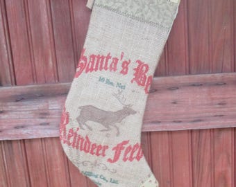 Reindeer Feed Sack Christmas Stocking: Handmade USA Cotton Decor, burlap stocking
