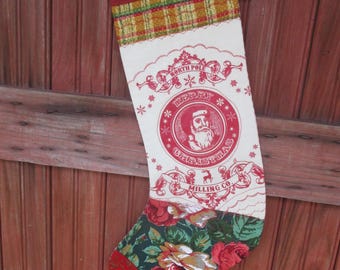 santa stocking, Christmas stocking, Santa stocking, Feed Sack, Christmas ornaments, Victorian santa, stocking, reindeer decor, country