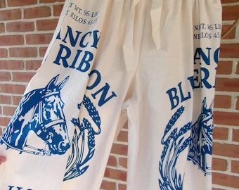 Feed Sack Pants, Size Large, waist 35"-40", flour sack pants, 28" inseam, organic cotton, pants, summer pants, elastic waist, casual pants