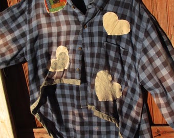 Plaid flannel shirt, cat, women's shirt, feed sack, recycled flannel shirt, Blue, plaid