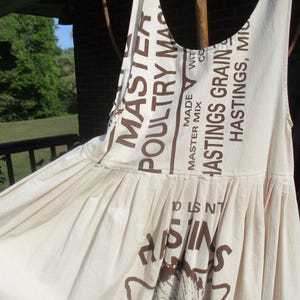 May include: A white cotton dress with a brown print of a Native American chief and the text "Hastings Grain" and "Master Mix Poultry Mash".