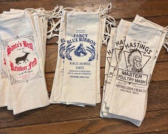feed sack, feed bags, 6 gift bags, 3-1/2 wide x 10 tall, horse bag, Santa bag, cotton bag, flour sack, mini bags, 2 bags of each design.