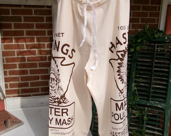 X-Large, Co-Ed,  Organic Cotton Feed Sack Pants:  flour sack clothing, Native Indian Co-Ed