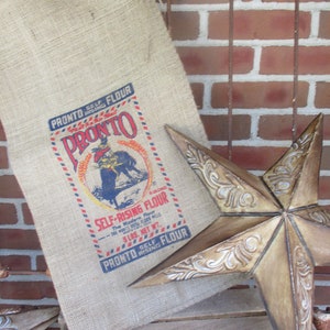 Vintage Cowboy Burlap Feed Sack: Pronto Flour, Country Farmhouse Decor (14x25)