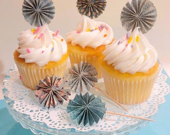Cupcake and Cake Toppers: Antique Blue Pinwheels in various prints – Whimsical Party Decorations