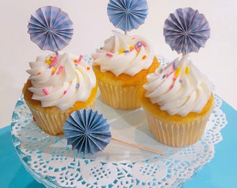 Cupcake and Cake Toppers: Blue Pinwheels in various prints – Whimsical Party Decorations