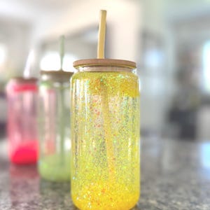 Neon Glitter Snow Globe Tumbler: 16oz Glass Iced Coffee Cup