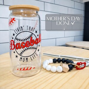 Baseball Mom Tumbler Glass Cup Bamboo Lid Travel Mug Wristlet Design Theme Sports Gift Life Portable Beverage Reusable Container Drinking