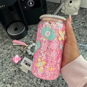 Pink Glitter Snow Globe Tumbler: Nurse Gift, Iced Coffee Cup (16oz)