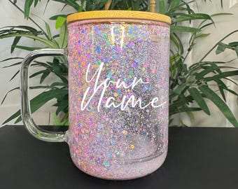 Personalized Glitter Snow Globe Glass Tumbler: Custom Name Iced Coffee Mug