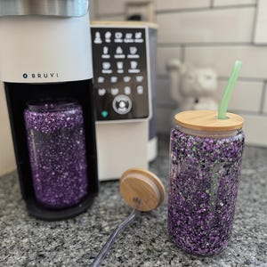Purple Glitter Snow Globe Tumbler: 16oz Iced Coffee Cup with Bamboo Lid