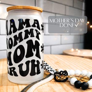 Mom Tumbler Glass Straw Wavy Cup Design Kitty Clip Beaded Wristlet Drinkware Gift Mothers Day Drinking Vessel Frosted Mama Mommy Humor Bruh