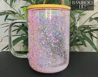 Personalized Valentine’s Day Glitter Snow Globe Glass Tumbler – Custom Name Iced Coffee Cup Gift