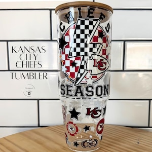 Chiefs Tumbler 40oz: Glass Cup with Bamboo Lid, Football Fan Gift