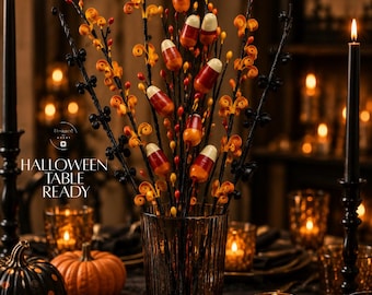 Halloween Decorations Handmade Vase Filler Candy Corn Orange Black Wire Stems Quilled Paper Autumn Branch Fall Centerpiece Table Display