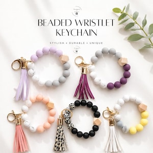 May include: Beaded wristlet keychains in various colors, including lavender, gray, peach, black, and yellow. Each keychain features a tassel and a wooden accent. The text on the image reads "BEADED WRISTLET KEYCHAIN" and "STYLISH • DURABLE • UNIQUE."