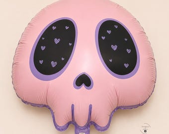 Kawaii Skull Balloon Birthday Party Pink Gothic Halloween Celebration Pastel Anime Heart Design Scalloped Edge Foil Shape Mylar Inflatable