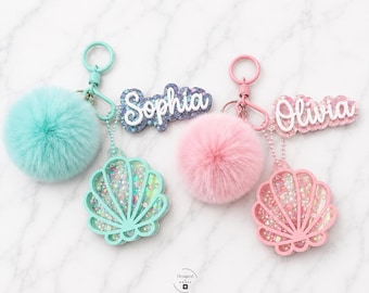 Personalized Glitter Name Keychain Bag Tag: Pom Pom, Seashell Charm Accessory
