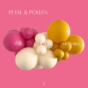 May include: A balloon garland with pink, white, and yellow balloons. The balloons are labeled "Pixie", "Lace", and "Mustard".