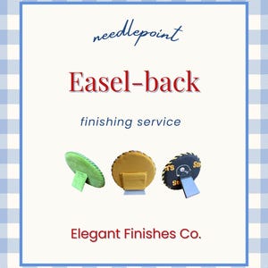 May include: The image showcases three round needlepoint pieces with easel backs in green, tan, and black. Text includes "needlepoint", "Easel-back finishing service", and "Elegant Finishes Co."