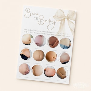 May include: A baby shower game card with the text "Beer or Baby" and a watercolour bow illustration. The card features a grid of twelve images of bellies, with space to write answers below each image.