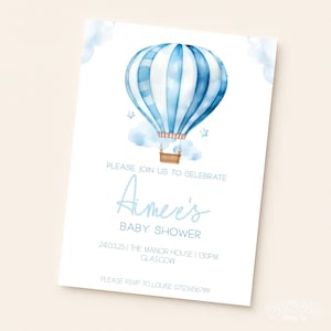 Personalised Baby Shower Invites | Baby Shower Invitations | Baby Boy Blue Theme | Hot Air Balloon |