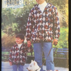 May include: A sewing pattern for a father and son fleece jacket with a football design. The pattern is from Butterick and is number 6278. The pattern is for all sizes and is returnable.