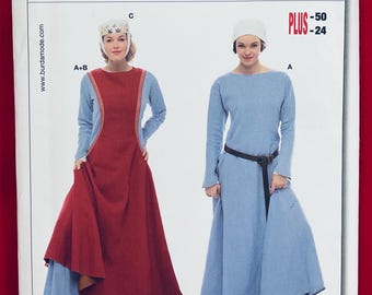 Burda 7977 Misses Medieval Dress with Overlay and Cap Sewing Pattern, Sizes 10-24