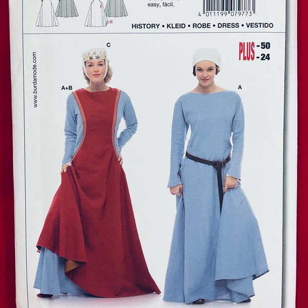 Burda 7977 Misses Medieval Dress with Overlay and Cap Sewing Pattern, Sizes 10-24