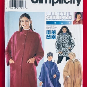 May include: Simplicity sewing pattern featuring a woman in a burgundy coat with pockets. The pattern includes multiple coat designs, including a blue cape and a tan hooded coat. The text "easy to sew" is visible.