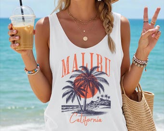 Malibu California Beach V neck, Vintage Style Surfing Racerback