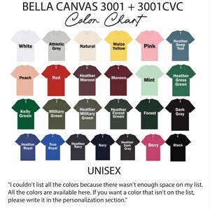 a color chart with various colored t-shirts, including white, athletic grey, natural yellow, pink, peach, red, maroon, mint, dark grey, green, forest green, navy, true royal, navy, berry, black, and berry. The chart provides a visual representation of the available colors for personalization.