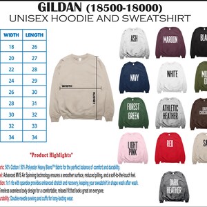 The image is a collage of various sizes and styles of GILDA unisex hoodies and sweatshirts, along with their corresponding measurements and descriptions.