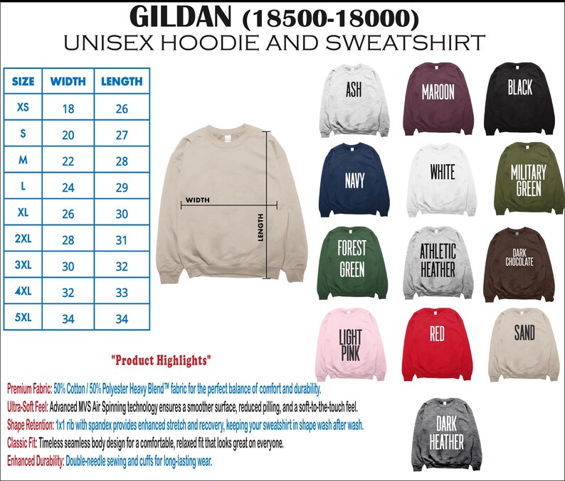 The image is a collage of various sizes and styles of GILDA unisex hoodies and sweatshirts, along with their corresponding measurements and descriptions.