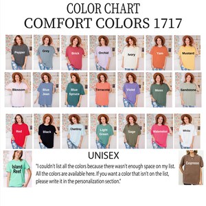 The image is a color chart displaying various comfort colors, including Pepper, Grey, Orange, Yellow, Mustard, and more. The chart is organized into a grid with four rows and five columns, each containing a different color. The colors are Pepper, Grey, Orange, Yellow, Mustard, and others. The chart also includes a section for the "UNISEX" color, which is a list of colors that are available but not on the original color chart.
