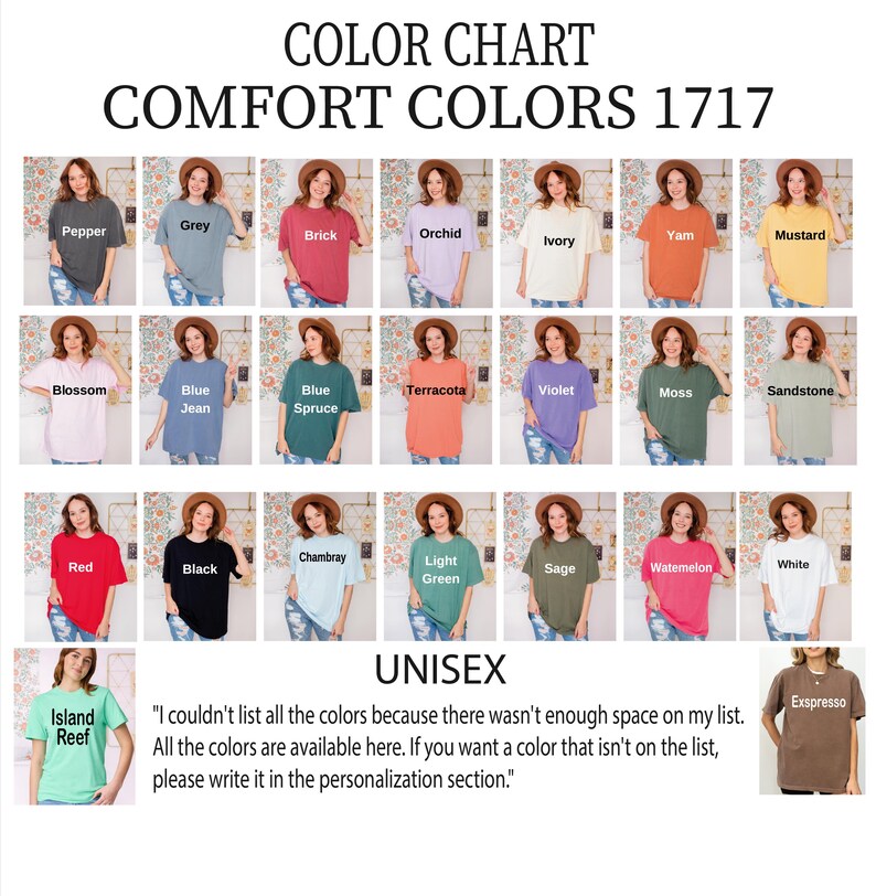 The image is a color chart displaying various comfort colors, including Pepper, Grey, Orange, Yellow, Mustard, and more. The chart is organized into a grid with four rows and five columns, each containing a different color. The colors are Pepper, Grey, Orange, Yellow, Mustard, and others. The chart also includes a section for the "UNISEX" color, which is a list of colors that are available but not on the original color chart.