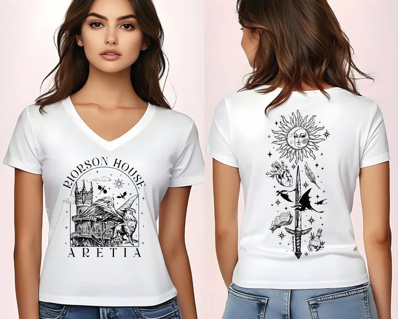 A woman wearing a white t-shirt with a graphic design on the front and back.