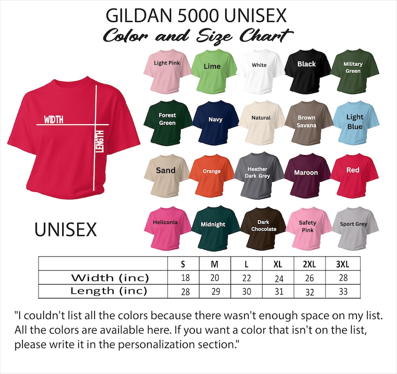 gilan 5000 unisex color and size chart