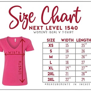 The image is a size chart for a women's ideal v-shirt, showing the measurements for different sizes.