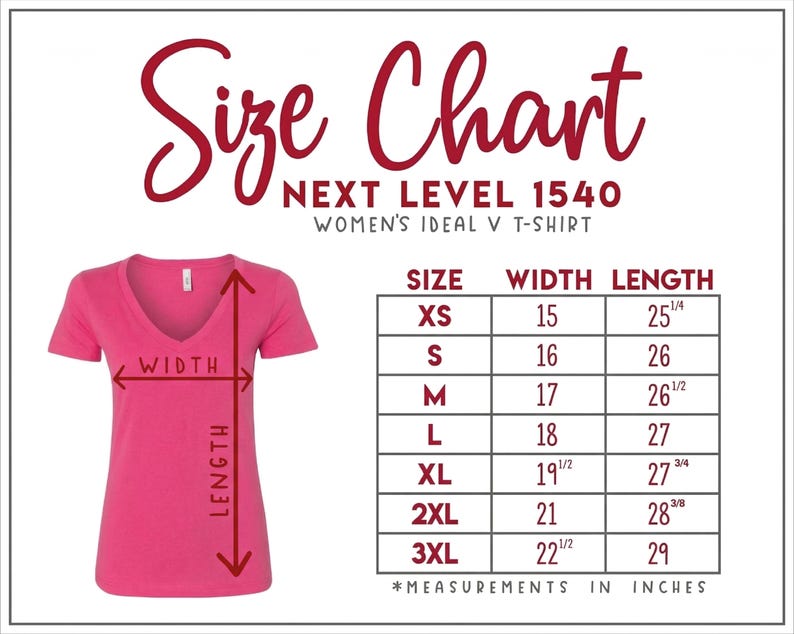 The image is a size chart for a women's ideal v-shirt, showing the measurements for different sizes.