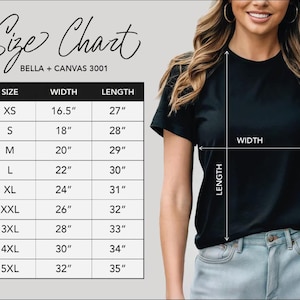 The image is a size chart for a black t-shirt, showing the measurements for different sizes. The chart includes a woman wearing the t-shirt and the corresponding measurements for each size.