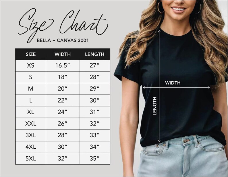 The image is a size chart for a black t-shirt, showing the measurements for different sizes. The chart includes a woman wearing the t-shirt and the corresponding measurements for each size.