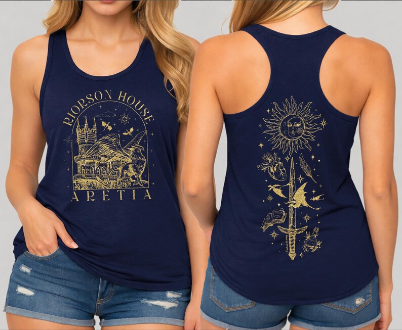 a woman wearing a navy blue tank top with a gold design on the front and back.