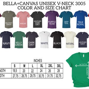 The image is a color and size chart for a collection of t-shirts, including various colors and sizes.